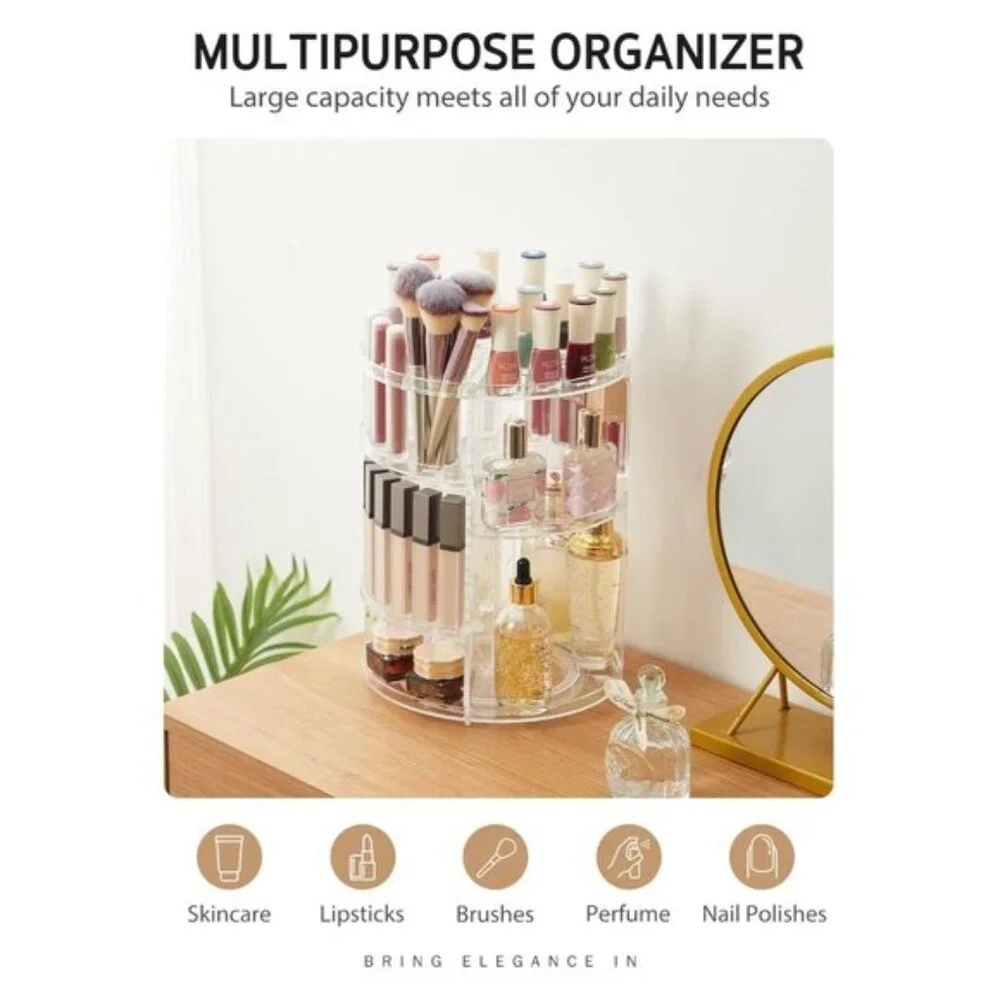 360° Rotating Makeup Organizer, Adjustable Large Vanity Storage Holder - Clear